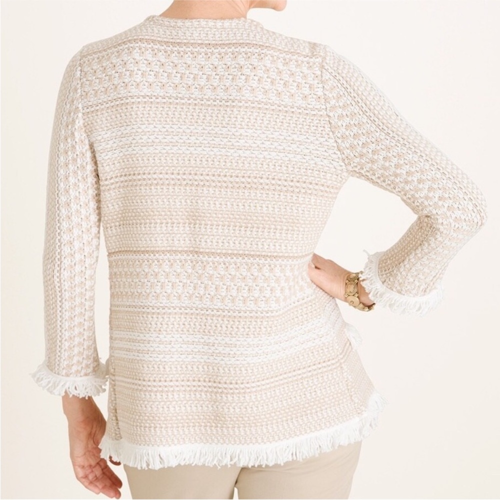 Chico’s Textured Cotton Knit Fringe Cardigan Sweater Beige & White 1/US8 - Picture 4 of 11